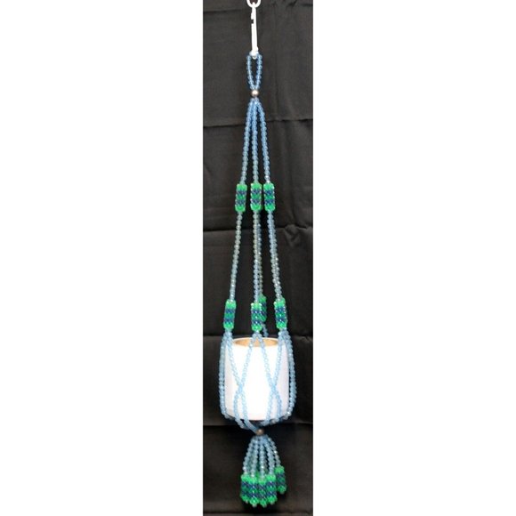 Bead Hanging Small Plant Holder Green Blue 31" - Picture 1 of 5